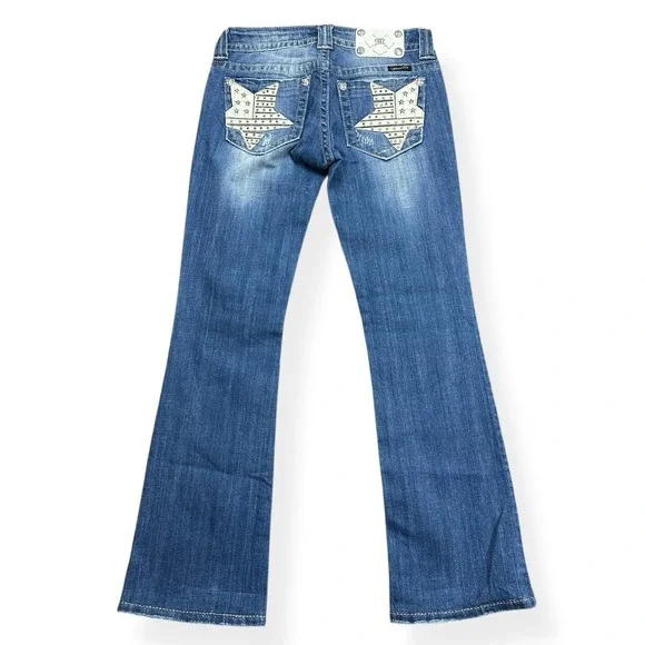 Miss Me Jeans Womens 27 Blue Bootcut Embroidered Stars Stripe Pockets Rhinestone - Picture 13 of 16